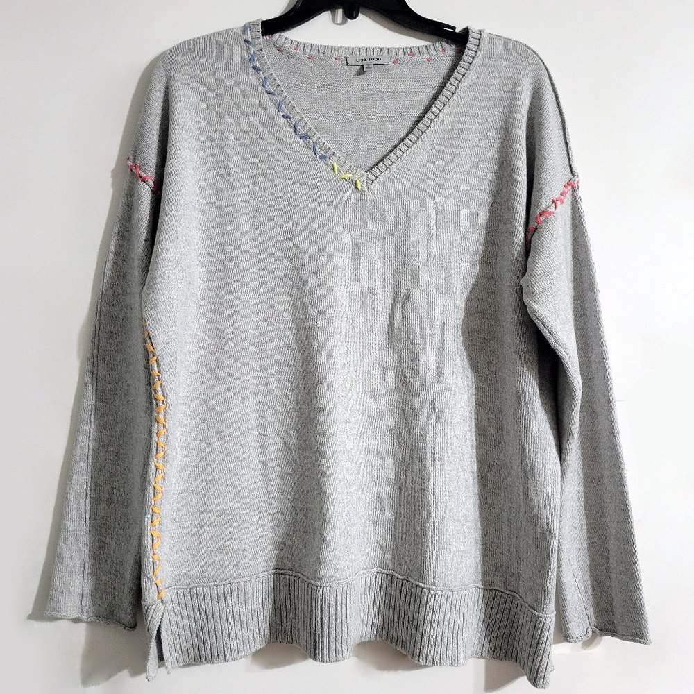 Lisa Todd Womens Gray Cotton Cashmere V-Neck Sweater Size L Multicolor Stitching